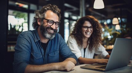 Portrait of successful business people with laptop discuss business issues in the office during meeting