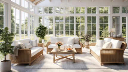 a bright and airy sunroom with white walls and wicker furniture and a glass door leading to the backyard