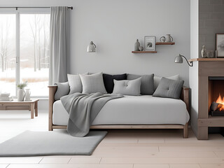 Grey daybed sofa against fireplace. Rustic scandinavian home interior design of modern living room