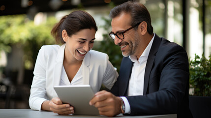 Obraz premium Portrait of successful business people holding tablet discuss business issues in the office
