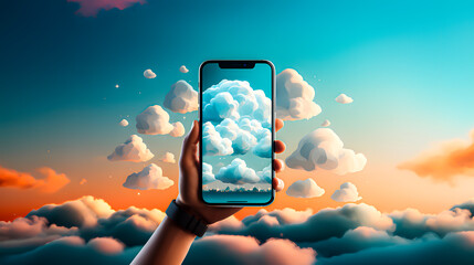 A mobile phone taking a picture of a cloud. Concept of cloud computing. Saving Photos in Cyberspace - obrazy, fototapety, plakaty
