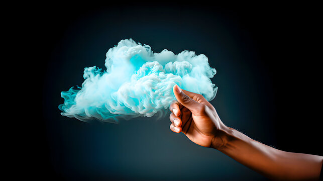 A hand next to a cloud. Concept of cloud computing. 