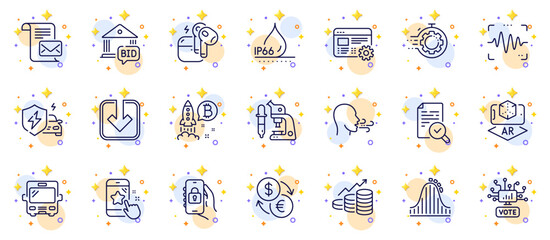 Outline set of Voice wave, Bus and Bitcoin project line icons for web app. Include Waterproof, Star rating, Roller coaster pictogram icons. Mail letter, Car charging, Breathing exercise signs. Vector