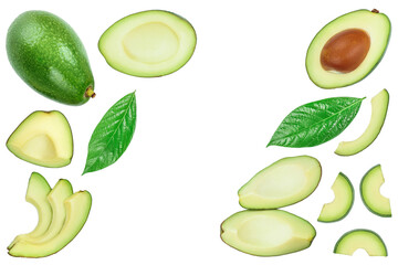 avocado and slices isolated on white background with copy space for your text. Top view. Flat lay