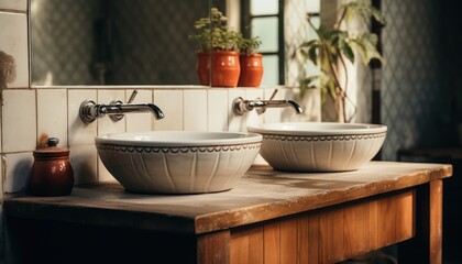 Fototapeta na wymiar Elegant White Bowls on a Rustic Wooden Counter