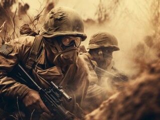 soldiers on the battlefield in world war ii, no visible faces. dusty background Illustration Generative AI