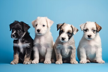 Lots of dogs in the group. Puppies. blue background