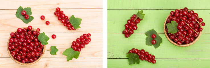 Red currant berries in a wooden bowl with leaf on the light wooden background. Top view
