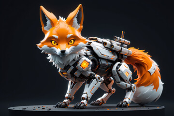 a futuristic cyborg fox with advanced intelligence, blending animal and robot features. an alien-like creature with AI and ML capabilities
