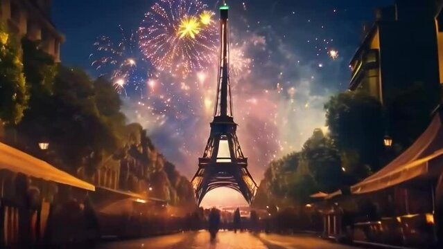 Colorful fireworks shots against the backdrop of the Eiffel Tower. A short video of colorful fireworks.