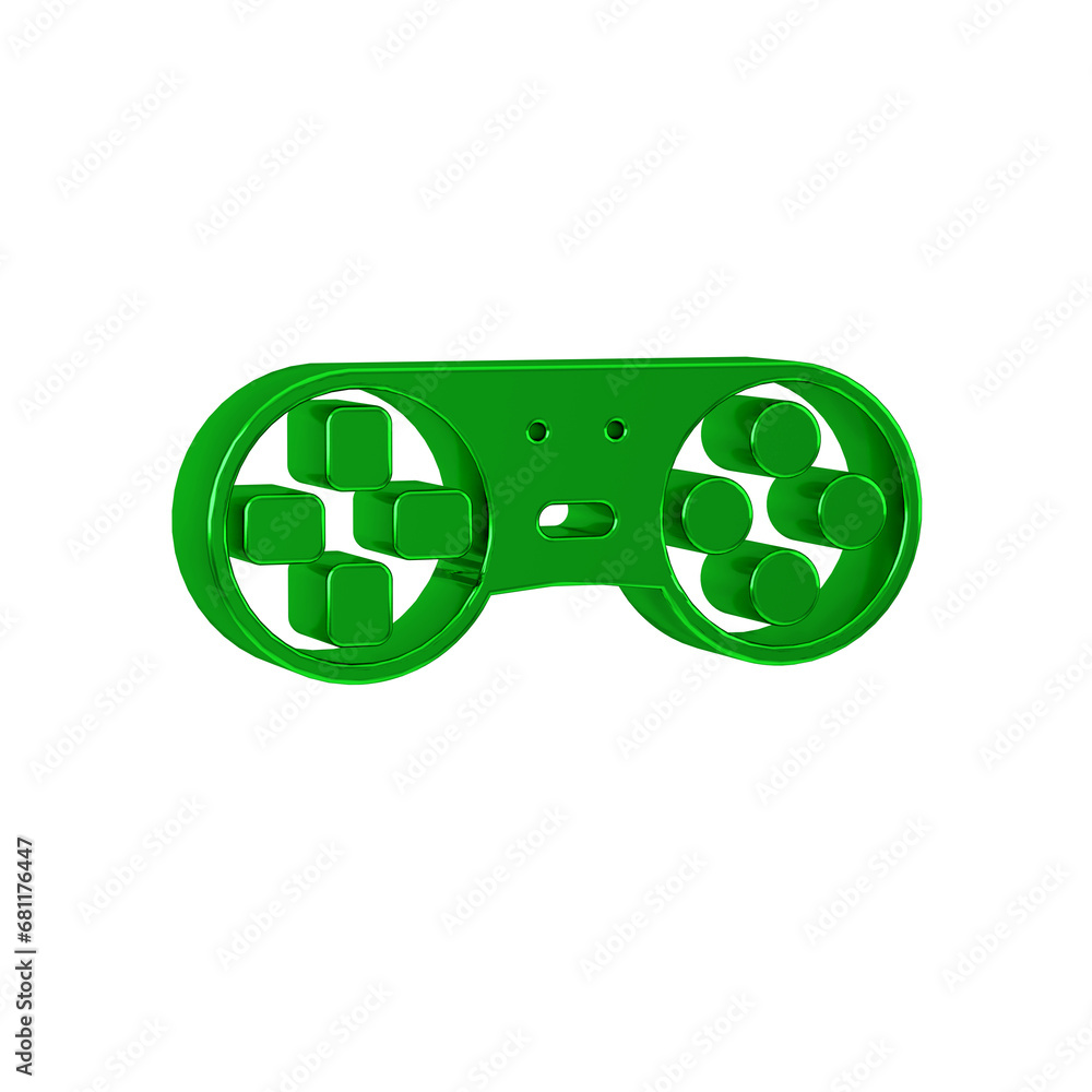 Poster green game controller or joystick for game console icon isolated on transparent background.