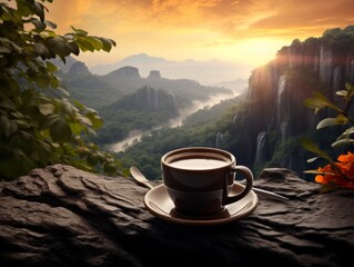 A cup of coffee in a beautiful natural setting. international coffee day concept Illustration Generative AI