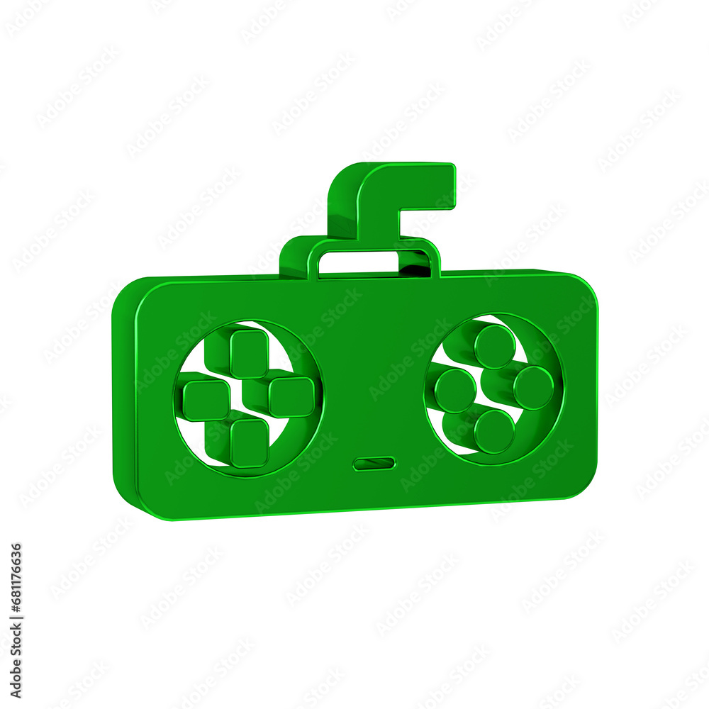Poster green game controller or joystick for game console icon isolated on transparent background.