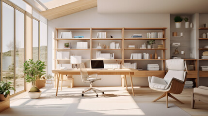Fototapeta premium a bright and airy home office with a large wooden desk and a comfortable armchair and several shelves filled with various supplies