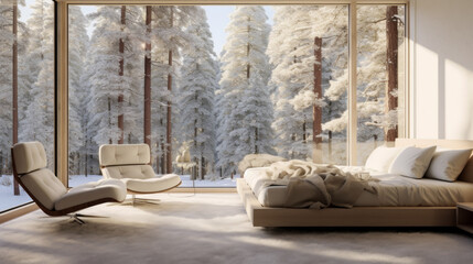 a bright and airy bedroom with a queen-size bed and a white armchair and a large window with a view of a wintery forest