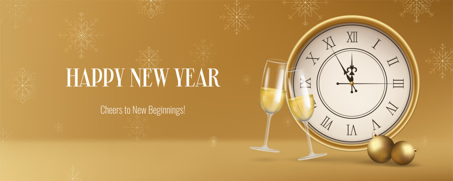 Realistic gold New Year banner, featuring a clock, snowflakes and champagne. Gold and Christmas themed decorations. Suitable for invitations, greetings, and event promotions. Not AI generated.