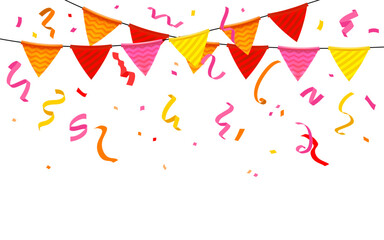 Vibrant isolated confetti, flags, ribbons, creating atmosphere for a happy birthday. Design perfect for birthday parties, anniversaries, or any joyful event. Not AI generated.
