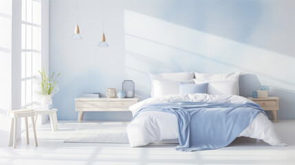 Fototapeta na wymiar a bright and airy bedroom with a crisp white and blue palette The walls are painted white with pale blue accents and the bed is covered with white sheets and a blue quilt