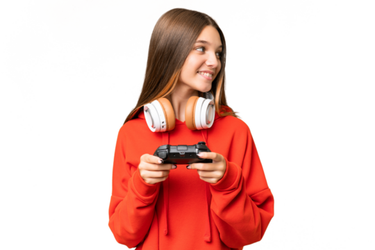 Teenager caucasian girl playing with a video game controller over isolated background looking side - Powered by Adobe