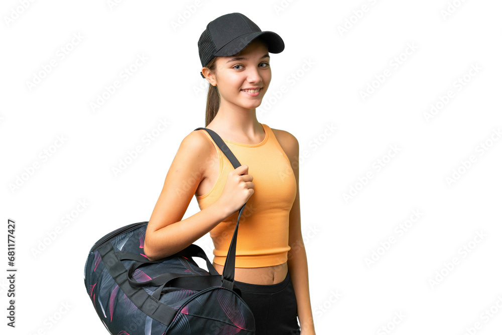 Canvas Prints Teenager caucasian girl with sport bag over isolated background with happy expression