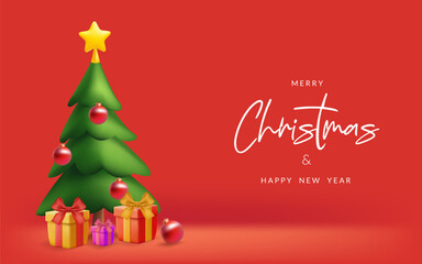 3D Christmas banner with a festive pine tree, presents, and decorations. Happy holiday illustration in a realistic design. Perfect for cards, covers, and flyers. Not AI generated.