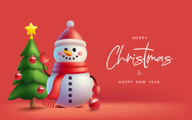 Fototapeta na wymiar Festive 3D vector illustration of a cute snowman and pine tree for Christmas banner. Holiday design with realistic elements. Not AI generated.