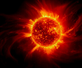 Intense solar flare eruption from a vibrant sun, cosmic background.
