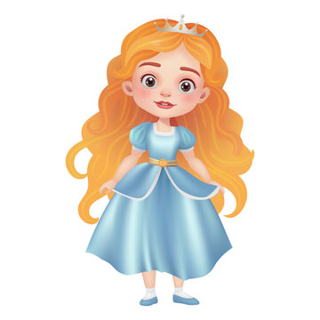 3D illustration of a cute princess doll with a beautiful dress, crown, and beautiful face. Magical princess, perfect for fairy tale themes. The character is isolated Not AI generated.