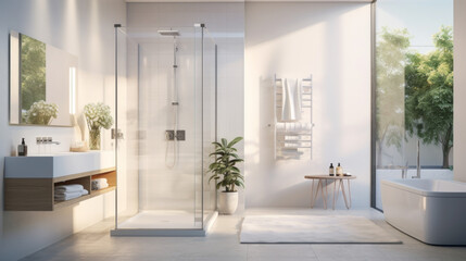 a bright and airy bathroom with white tiles and a large mirror and a glass shower with a rainfall showerhead