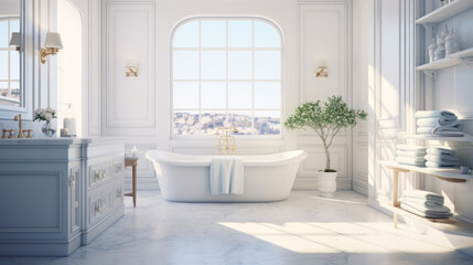a bright and airy bathroom with a marble countertop and a freestanding tub