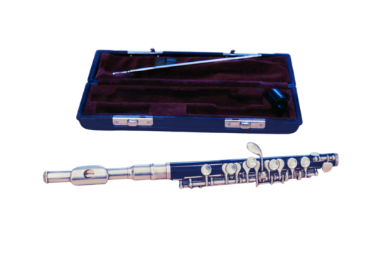 Piccolo flute with red case, close-up, isolated on a white background