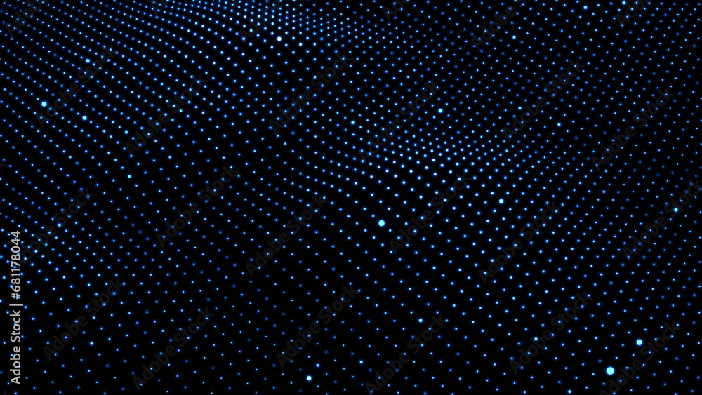 Poster abstract particle grid background in blue color with wave on black background.