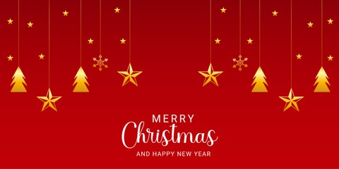 Realistic Christmas background with golden balls and stars and red background
