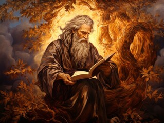 Moses with the burning bush, old Testament and Jewish Torah, Book of Exodus, religion Illustration Generative AI - obrazy, fototapety, plakaty