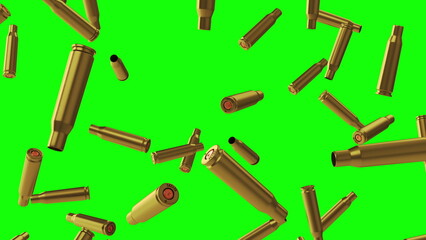 Falling spent cartridge cases from automatic weapons on a green background. ed