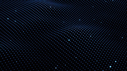 Abstract particle grid background in blue color with wave on black background.