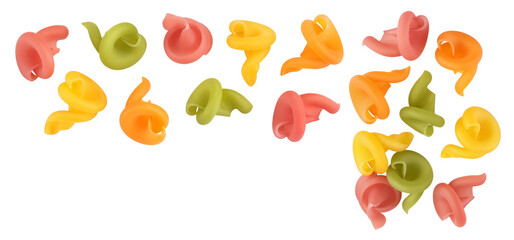 Raw colored pasta isolated on white background with full depth of field. Top view. Flat lay