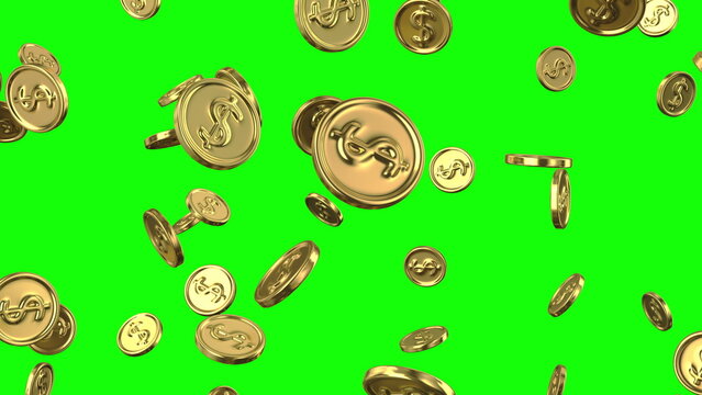 Glowing gold coins fall on a green background from above. Glowing gold coins fall on a green background from above.