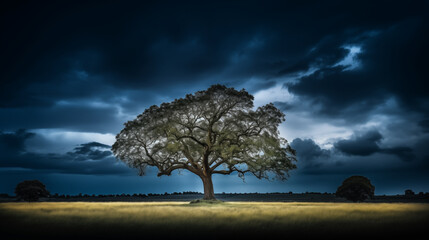 Tree of Light: A photograph showcasing a lone tree against a darkened sky, with lightning providing a natural and powerful backlight, creating an evocative and dramatic scene - obrazy, fototapety, plakaty