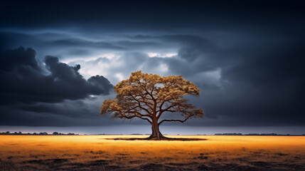 Tree of Light: A photograph showcasing a lone tree against a darkened sky, with lightning providing a natural and powerful backlight, creating an evocative and dramatic scene