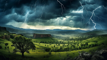 Thunderstruck Landscape: A landscape enveloped in the brilliance of a lightning storm, where each flash reveals intricate details of the terrain, creating a visually mesmerizing pa - obrazy, fototapety, plakaty
