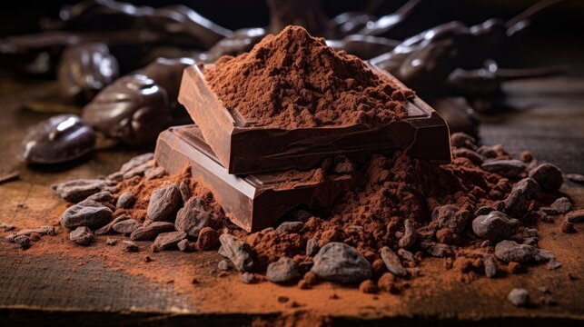 A piece of dark chocolate on cocoa powder