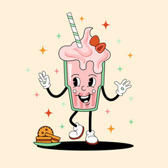 Comic flat Milkshake with face on decorated background. Vector cartoon illustration in groovy retro style with drink. Image of cute strawberry milk shake character with smile for banner or poster