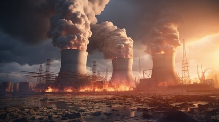 Nuclear power plants depicted with billowing smoke, associated with concerns of global warming and the energy crisis. This 3D rendering offers an artist's impression leading to a decline in fossil fue