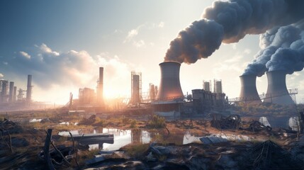 Nuclear power plants depicted with billowing smoke, associated with concerns of global warming and...