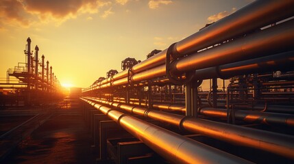 Fototapeta na wymiar Steel pipes in an oil refinery at sunset, part of the crude oil production process