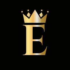 Crown Logo On Letter E with Star Icon. Crown Symbol Template
