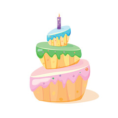 A three-tiered cake with one candle drawn in a cartoon style.