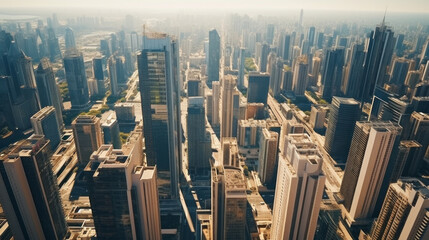 A bird's eye view of a vibrant cityscape with tall buildings and wide boulevards - obrazy, fototapety, plakaty