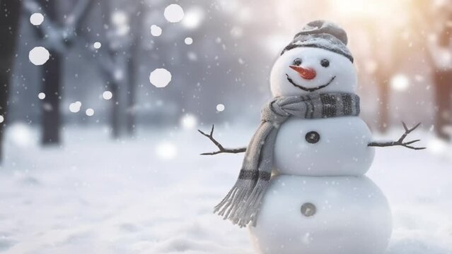 Merry christmas and happy new year with Happy snowman standing in winter christmas in animation 3d anime or cartoon style video art design